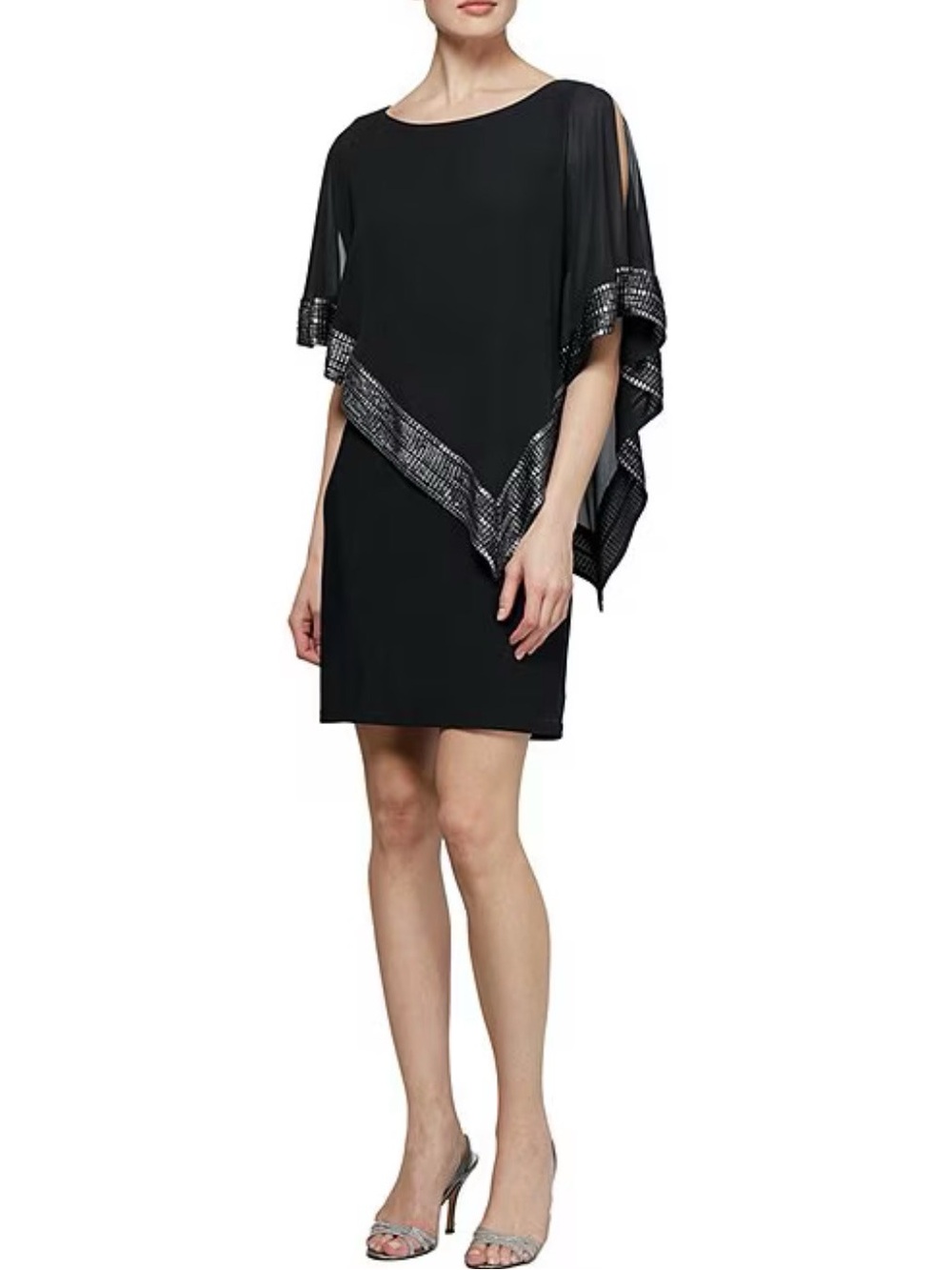 SLNY Foil Trim Cape Cocktail Dress - Size 14 Black Chiffon Date Night Evening